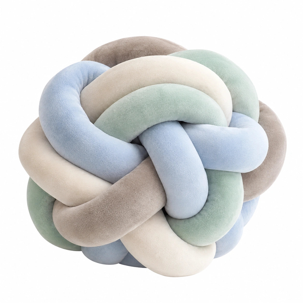 Cuscino decorativo a nodo 30 cm in tessuto effetto peluche azzurro verde menta beige e tortora per divano stile moderno