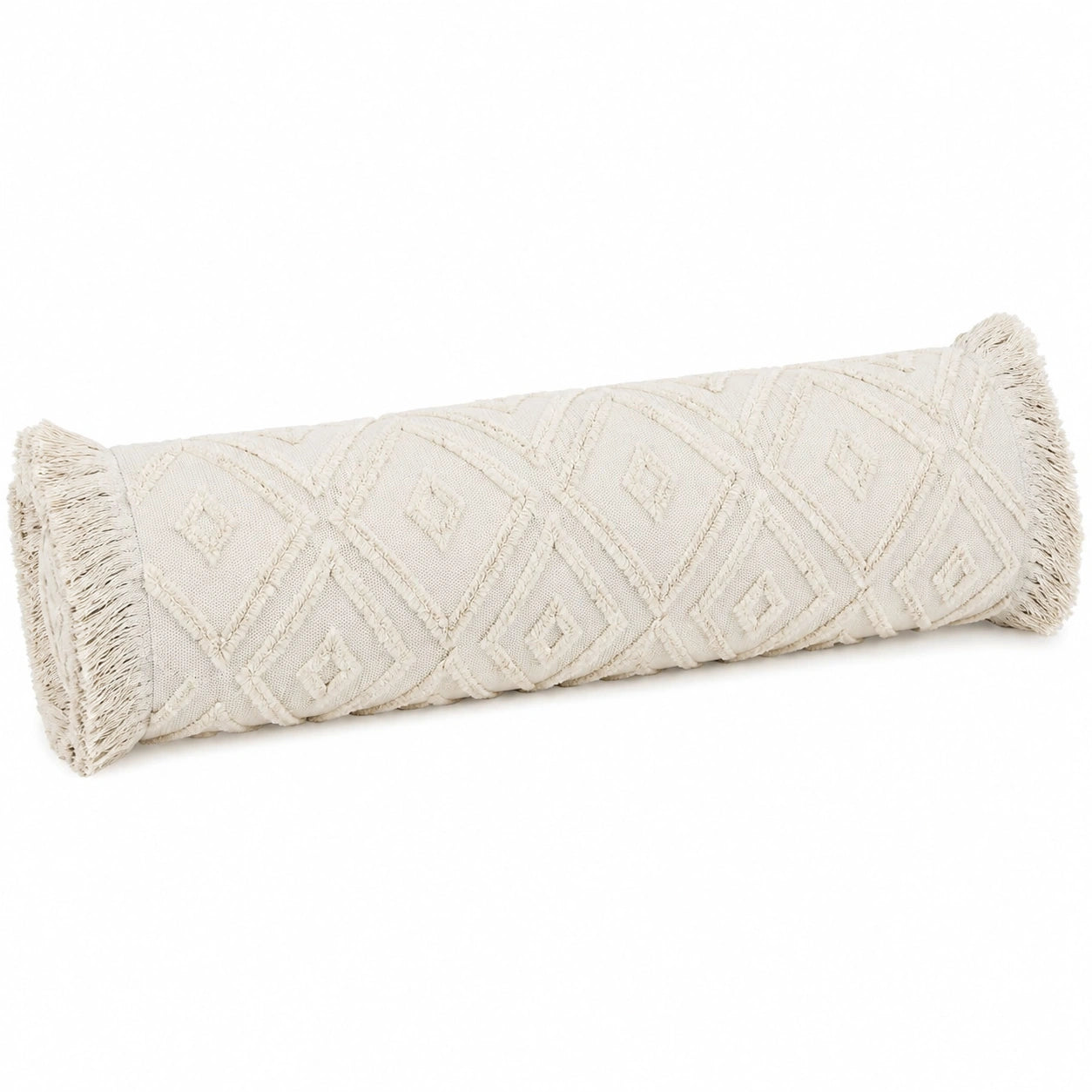 Cuscino cilindrico 15 x 45 cm in tessuto color avorio con frange stile boho