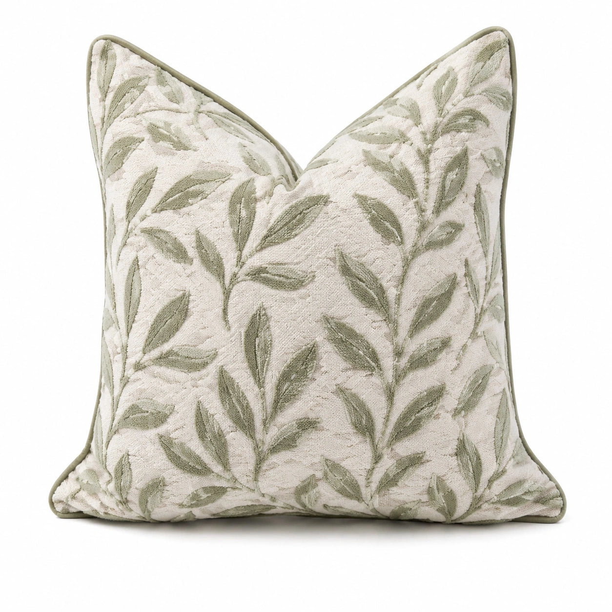 Cuscino decorativo 45 x 45 cm avorio e verde salvia con motivo foglie stile botanico