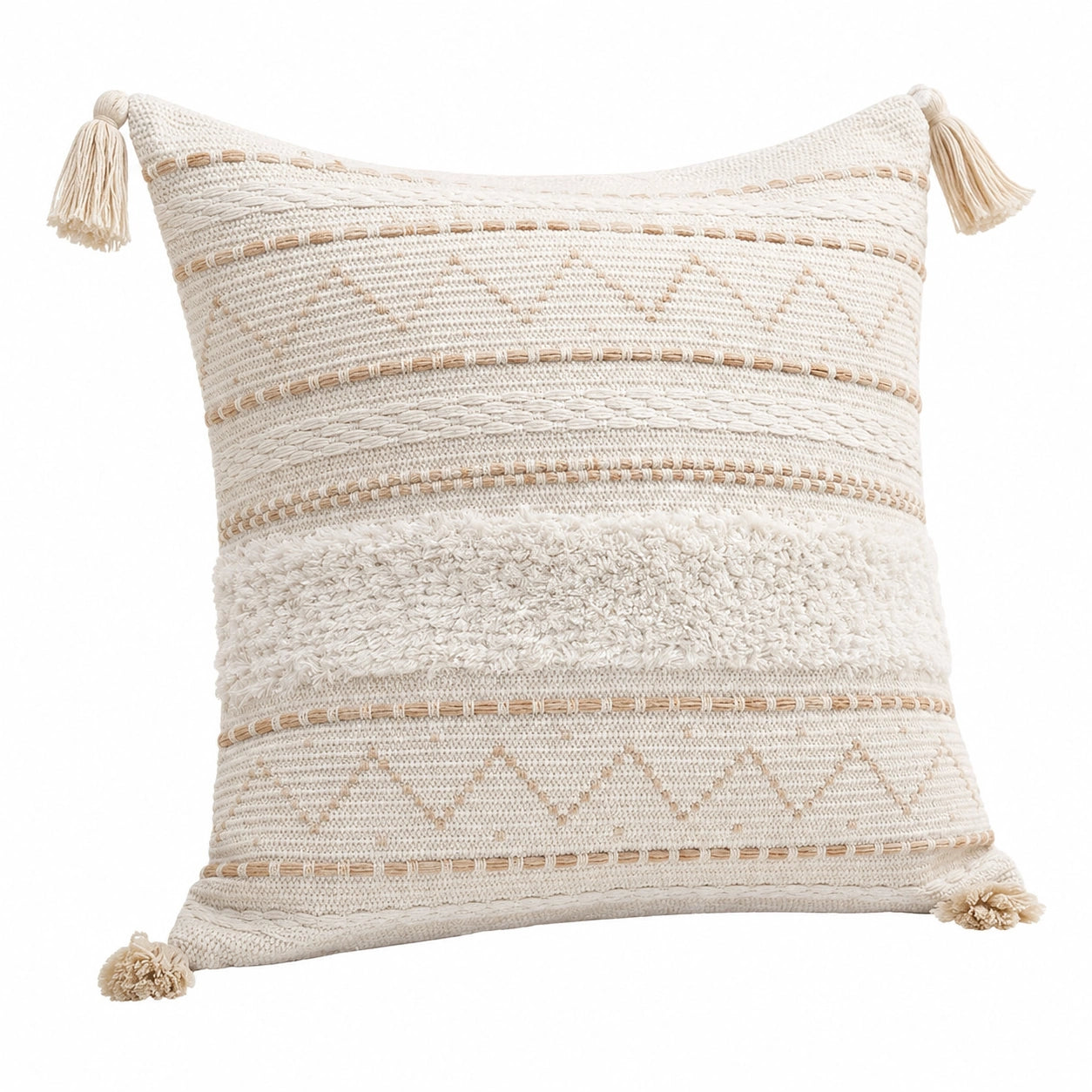 Cuscino decorativo 45 x 45 cm in cotone avorio beige - stile boho con nappine