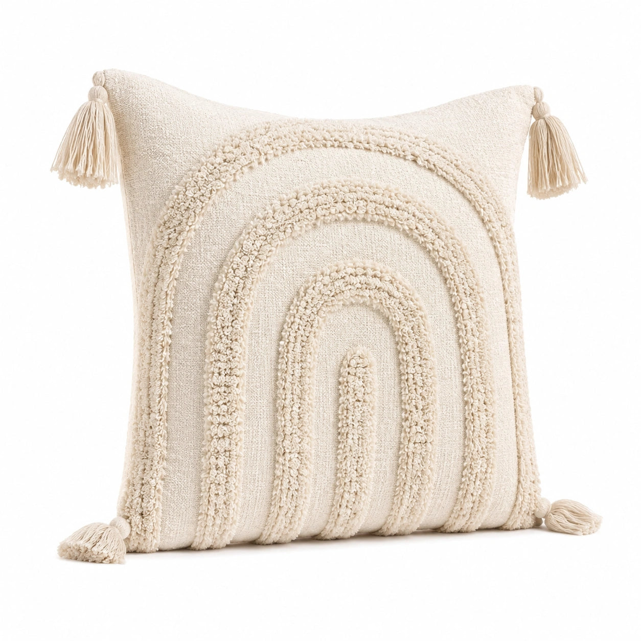 Cuscino decorativo 45 x 45 cm in tessuto crema per arredo stile naturale con nappe