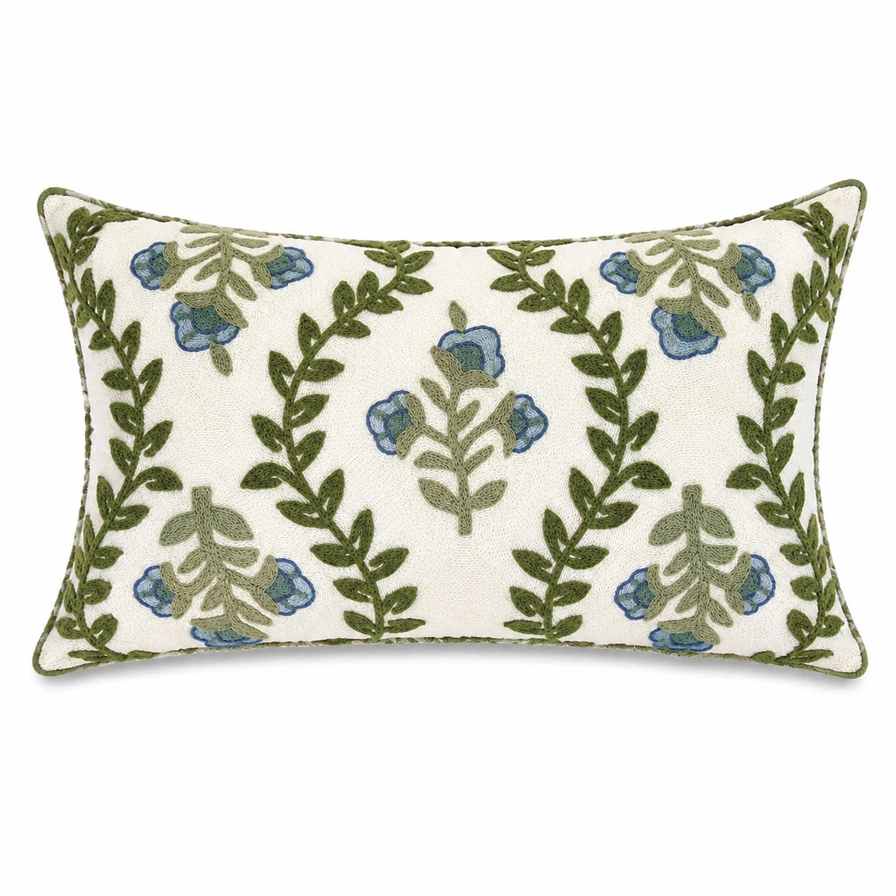 Cuscino decorativo 50 x 30 cm in tessuto bianco con ricamo floreale verde e blu