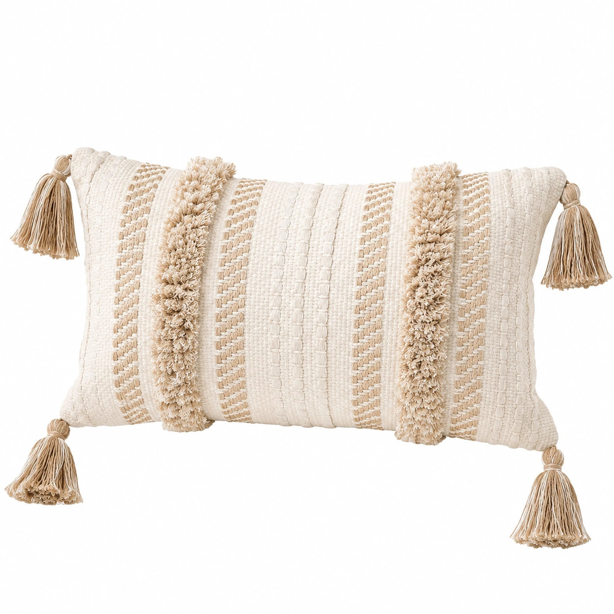 Cuscino decorativo 50 x 30 cm in tessuto beige con nappine stile boho