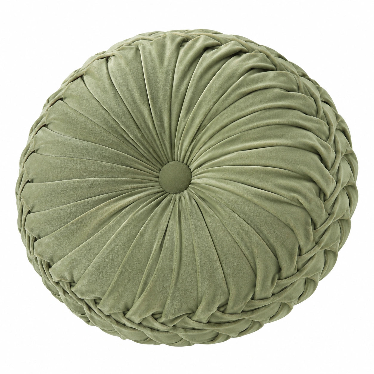 Cuscino decorativo rotondo 40 cm in velluto verde salvia con pieghe a raggiera